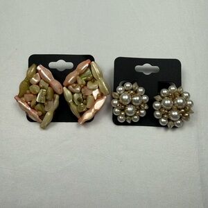 Vintage Japan Shell Cluster‎ Clip Earrings Boho Statement + Bonus Pearl Pair